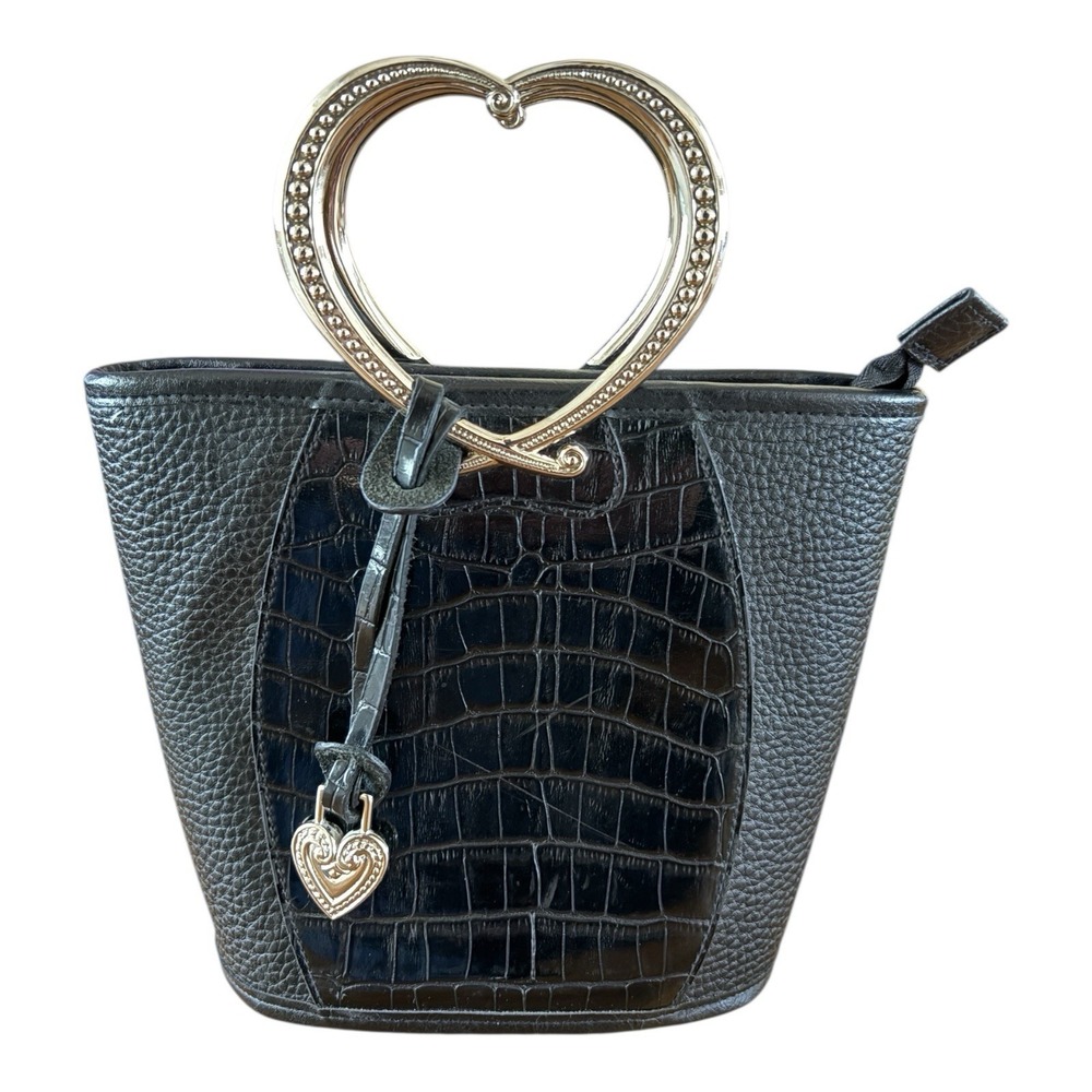 Brighton Heart Handle Leather Satchel Black Silver Heart Handles‎ 7" X 7"